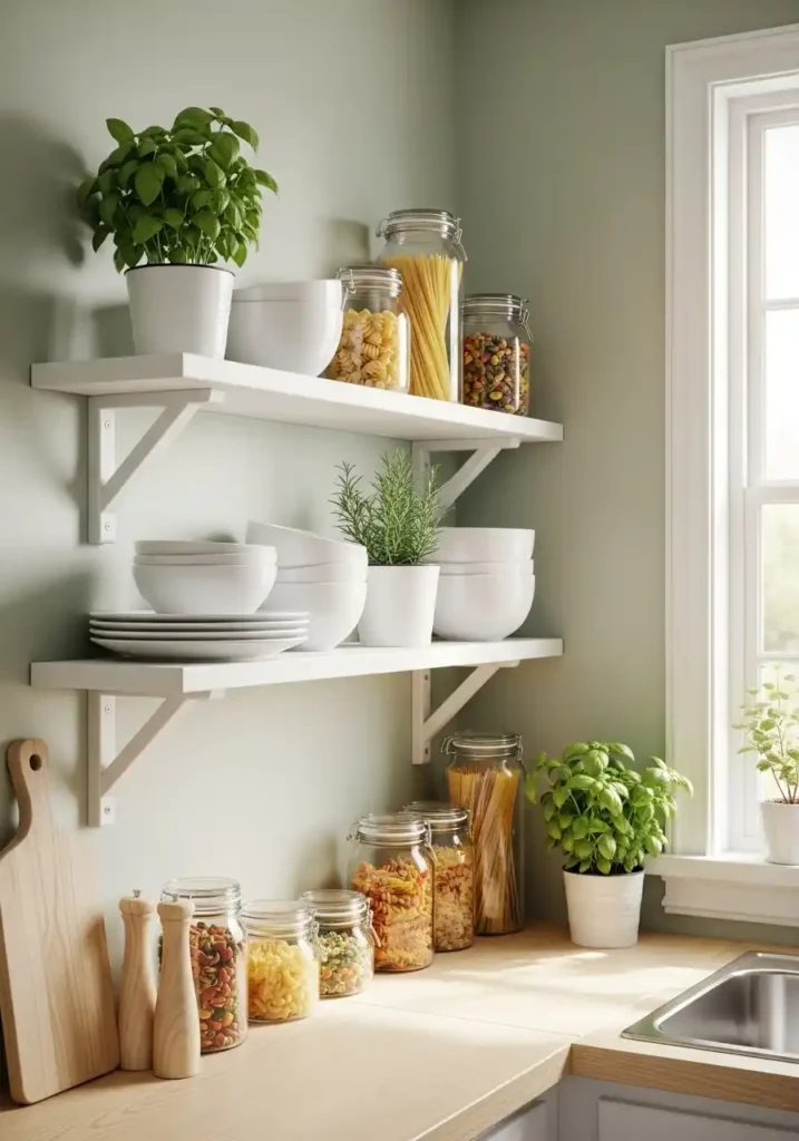 Install Open Floating Shelves Instead of Upper Cabinets Small Kitchen Remodel