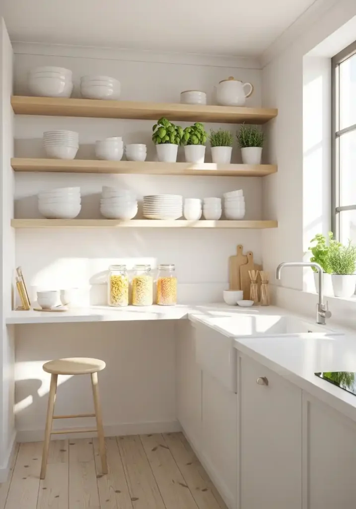 Open Floating Shelves Instead of Upper Cabinets apartment kitchen ideas